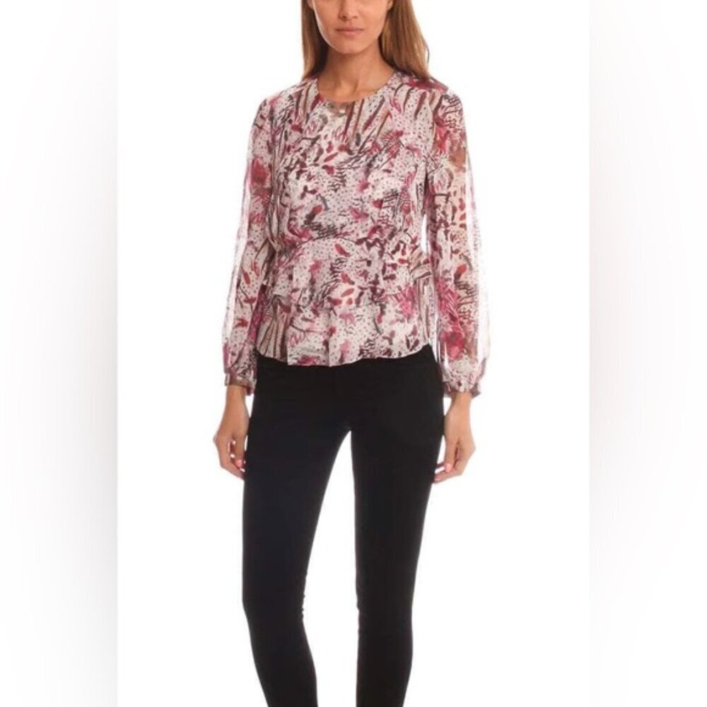 Iro Paris Silk Adya Ruffle Flowy Boho Floral Print Ls Blouse Top Red White Xs